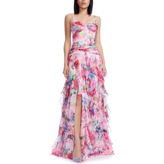 Dress The Population Lux Ruffle Evening Gown in Pink Rose Multi at Nordstrom Rack, Size X-Small