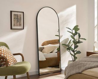 Castlery Aria Arch Floor Mirror, Black, Thin Brushed Black Frame, Bathroom-Ready, 35.4W x 135.4H - Castlery