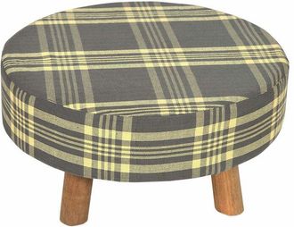 Homescapes Homescapes - Grey and Yellow Tartan Fabric Flat Circular Stool with Wooden Legs