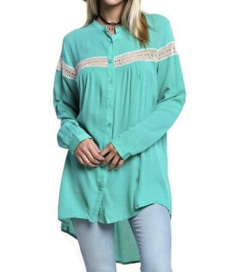 Greek Archaic Kori Button Up Lace Trim Tunic In Mint