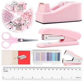 OEM Juego De Art&iacute;culos De Oficina De 8 Piezas: Dispensador De Cinta Adhesiva, Regla, Clip, Material Escolar, Set De Papeler&iacute;a, Color Rosa