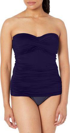 Anne Cole Womens Solid Twist Front Shirred Bandeau Tankini Swim Top, Navy, X-Small