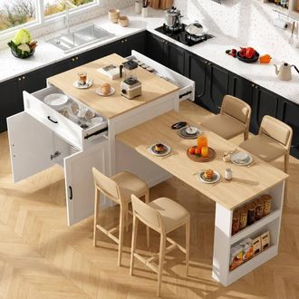 Merax White Extendable Kitchen Island Dining Table with Storage