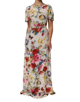 Dolce & Gabbana White Floral Print Silk Sheath LongGown Womens Dress