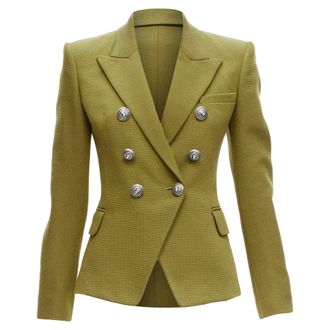 Balmain green silver lion button double breasted blazer