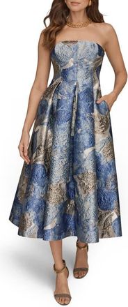 DKNY Floral Strapless Fit & Flare Midi Cocktail Dress in Washed Indigo Multi at Nordstrom, Size 14