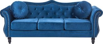 Beliani Divano In Velluto Blu A 3 Posti In Stile Chesterfield Con Cuscini Retr&ograve; Skien