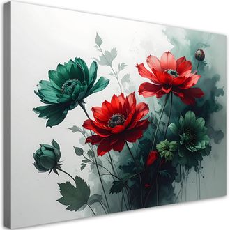 Feeby Cuadro En Lienzo Flores Rojas Y Verdes Plantas 100x70