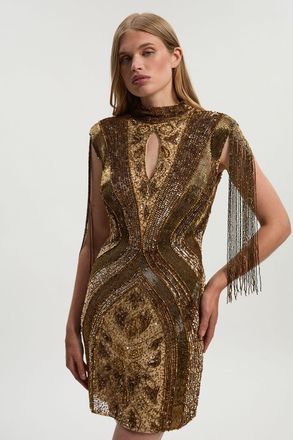 Karen Millen Womens Petite Embellished Beaded Cap Sleeve Woven Mini Dress - Bronze - Size 10 UK