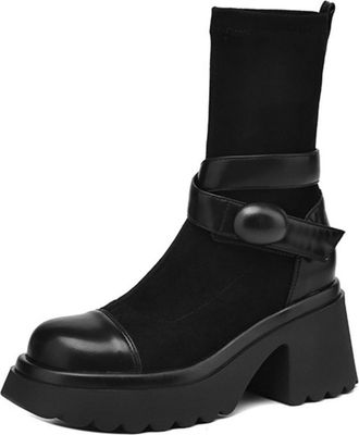 Generic Womens Ankle Boots Brown Black Suede PU Round Toe Elastic Sock Cuff Buckle Strap Platform Chunky Heel Comfortable Non Slip Wear Resistant Daily Casual