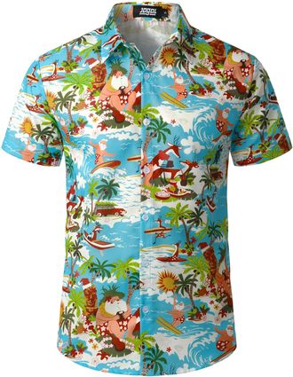 JOGAL Mens Fun Hawaiian Christmas Santa Claus Print Shirts Short Sleeve Casual Button Down Shirts SantaSurf XX-Large Lake Blue