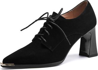 TinaCus Womens Pointed Toe Suede/Patent Leather Handmade Selftie & Zipper High Spool Heels Pumps Shoes, Black/Suede, 5 UK