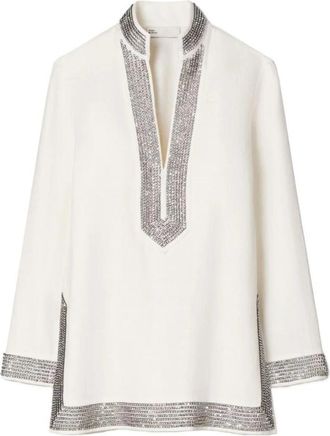 Tory Burch Verfraaide Linnen Tuniek - Dames - Tunieken - Wit - L - Linnen - Overhemden