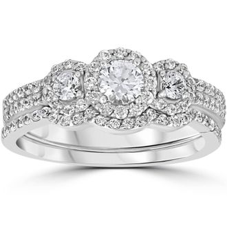 Pompeii3 1.00CT 3-Stone Diamond Engagement Wedding Ring Set 10K White Gold Size Selectable