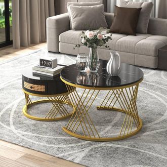 STILVORA 2 Piece Coffee Table Set with Drawer in Black & Gold
