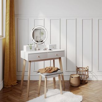 Vicco Tocador Finya, Blanco, 80 Cm Con Espejo Led Y Taburete, Vicco