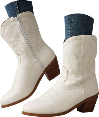 Generic Cowboy Boots for Women Wide Fit Womens Cowboy Boots Wide Width Embroidered Suede Cowgirl Boot Comfortable Chunky Heel Embroidered Western Boot Retro P