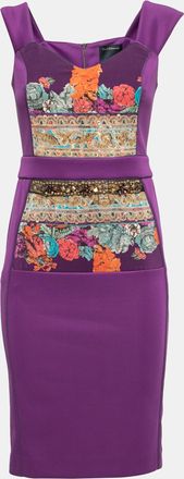 Roberto Cavalli Purple Jersey Floral Applique Beaded Bodycon Dress
