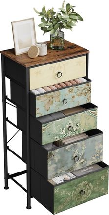 Woltu Cassettiera Camera Da Letto Settimino 5 Cassetti. Struttura In Metallo E Mdf,marrone Rustico E Nero Con Motivo Fiore Retr&ograve; - Woltu