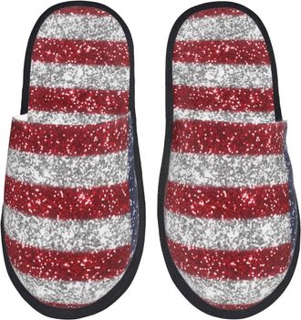 Generic Slippers For Women America Flag Glitter Print House Slippers For Women Lining Comfy Shoes For Indoor Outdoor, For Hotel, Travel, Home, L