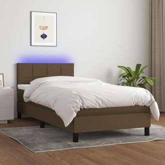 vidaXL Cama Box Spring Colch&oacute;n Y Luces Led Tela Marr&oacute;n Oscuro 90x190cm Vidaxl