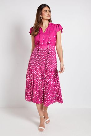 Wallis Womens Polka Dot Ruffle Neck Pleated Midi Dress - Purple - Size 16 UK