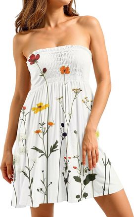 Generic Chic Ladies Summer Dress Women UK Summer Dresses Sundress for Ladies Printed Shirred Strapless Mini Dress Sleeveless Boob Tube Sheering Pleated Swing 