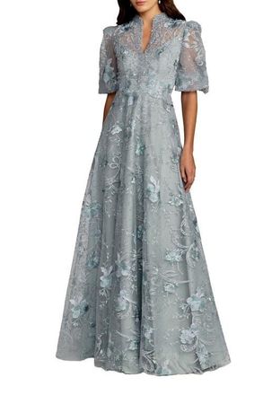 Mac Duggal Mesh Micro Ruffle High Neck Floral Mini Dress in French Blue at Nordstrom, Size 10