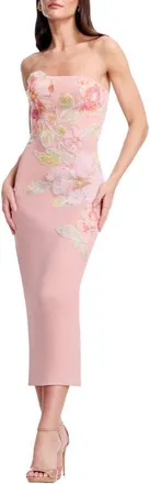 Dress The Population Viviana Strapless Bodycon Tea Length Dress in Blush Multi at Nordstrom, Size Xx-Large