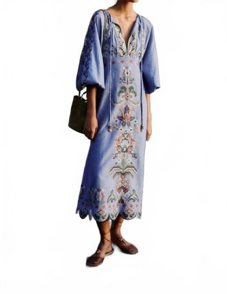 Farm Rio Garden Tapestry Embroidery Long Sleeve Midi Dress In Blue