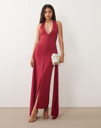 Tfnc Vestito lungo scollo allamericana con scollo profondo color lampone-Rosa