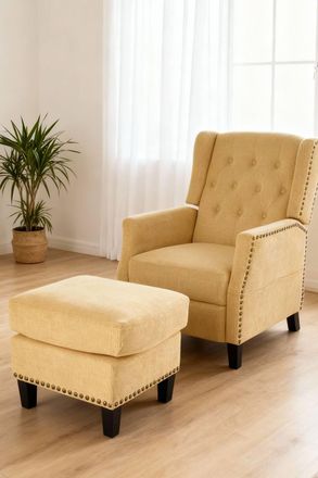 Living and Home Fabric Sofa Pushback Reclining Armchair with Footstool in Yellow