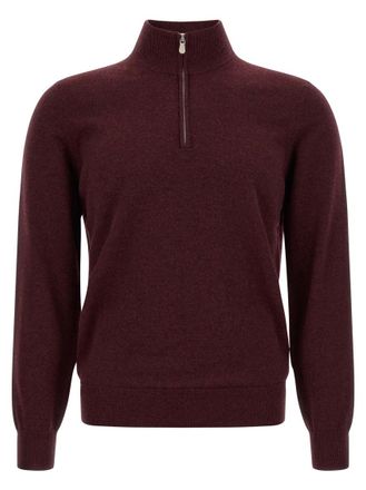 Brunello Cucinelli Maroon Solid Mock Collar Sweater