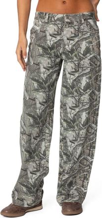 Edikted Camo Print Bow Pocket Low Rise Wide Leg Jeans in Olive at Nordstrom, Size X-Small