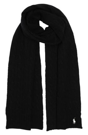 Polo Ralph Lauren Logo Embroidered Wool & Cashmere Cable Stitch Scarf in Black at Nordstrom