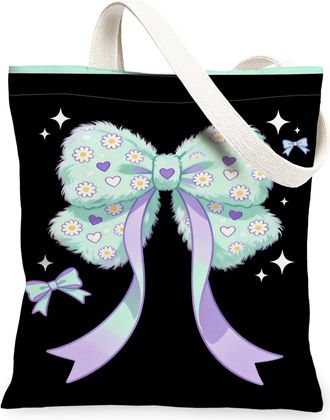 Generic Cute Bow Canvas Tote Bags, Floral Pattern Reusable Grocery Bags, Vintage Lightweight Washable Shoulder Strap Canvas for Sho, Black, 13x15 Inch