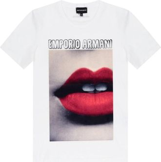 Emporio Armani Wit T-shirt met korte mouwen en su&egrave;de-effect applicatie en logo belettering - Dames - T-shirts - Wit - 2XS - Su&egrave;de - Tops
