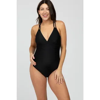 Pinkblush Ruched Side Strappy Cross Back One Piece Swimsuit in Black at Nordstrom, Size Medium