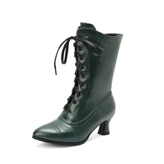 Generic Womens Two-Tone 5.5cm Kitten Heel Lace-Up Mid-Calf Boots for Autumn and Winter,Green,5.5 UK