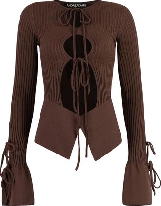 ADĀMO Andrea Adamo Top met uitsnijdingen - Dames - Longsleeves - Bruin - L - Polyester - Tops
