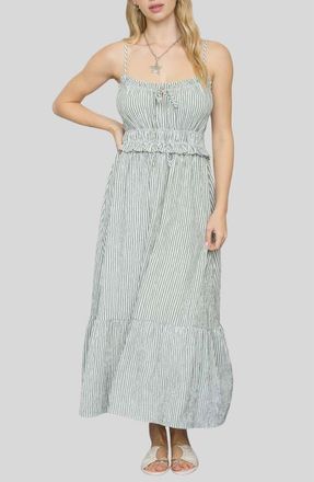 Blu Pepper Stripe Ruffle Shirred Seersucker Midi Dress in Green at Nordstrom, Size Medium