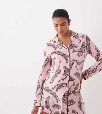 Chelsea Peers Maternity - Camicia da notte in jersey rosa con stampa leopardata
