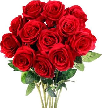OEM Rosas Artificiales Rojas Realistas - 12 Unidades - Perfectas Para Bodas, San Valent&iacute;n Y Decoraciones
