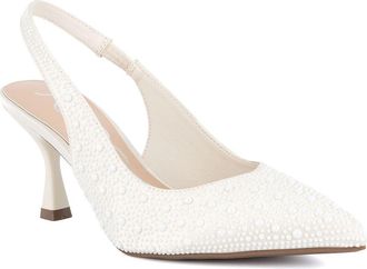 SUGAR Womens Slingback Kitten Heels - Pointed Toe Dress Shoes with Pearl or Bow Detail, Low Heels for Parties, Weddings, or Evening Wear, Ivory, 5.5 UK