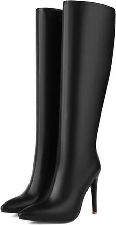 Generic Black,4.5 UK,Womens Leather PU Knee High Boots Side Zipper Pointed Toe Comfy Stiletto Heels Tall Boot Fall Winter Dress Shoes