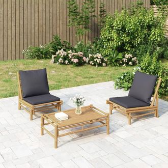 vidaXL Set De Muebles De Jard&iacute;n 3 Piezas Bamb&uacute; Con Cojines Gris Oscuro Vidaxl
