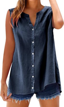 Generic Lazzboy Womens Sleeveless Blouses Loose Fitting V Neck Tank Tops Summer Shirts Linen Blend Top - Breathable Camisole For Summer, Casual Vest Beach Hol