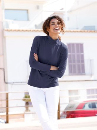 Casual Looks Rollkragenshirt CASUAL LOOKS Rollkragen-Shirt, Damen, Gr. 36, blau (marine), 95% Baumwolle, 5% Elasthan, unifarben, Shirts Rollkragenshirt