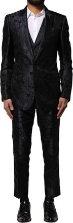 Dolce & Gabbana Mens Black Jacquard 3 Piece Single Breasted Suit Blue Silk