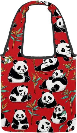 Generic Cute Panda on Red Reversible Canvas Shoulder Tote - Double-Sided Print, 12oz Cotton, 27cm Drop, Fold-Flat Bag for Travel, Shopping, Street Outings